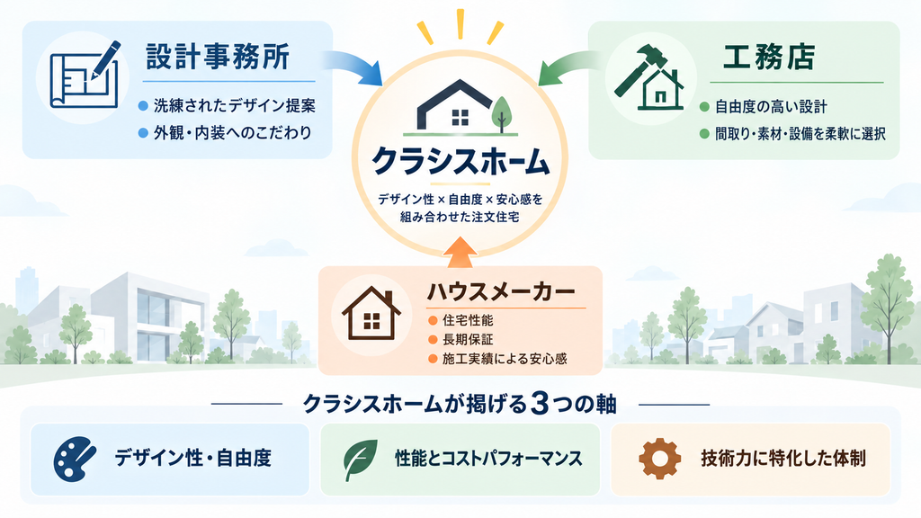 設計事務所の「デザイン提案力」、工務店の「自由度の高い設計」、ハウスメーカーの「性能・保証の安心感」をクラシスホームに集約した概念図。デザイン性・自由度・安心感を掛け合わせた注文住宅と、3つの強みを示している。