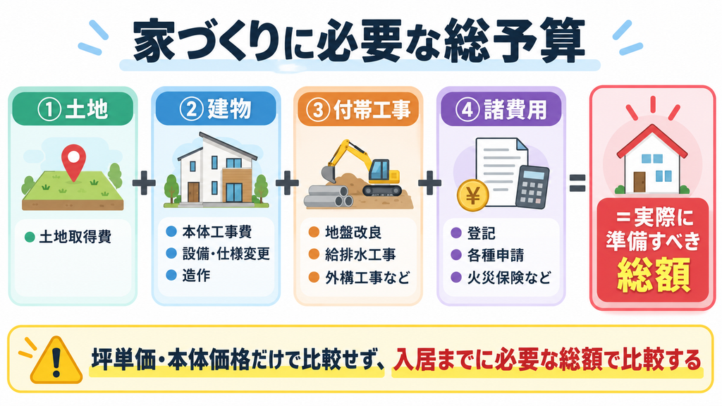 家づくりの総予算が「土地」「建物」「付帯工事」「諸費用」の4項目で構成されることを示した図解。坪単価や本体価格だけでなく、入居までに必要な総額で比較する重要性を示している。
